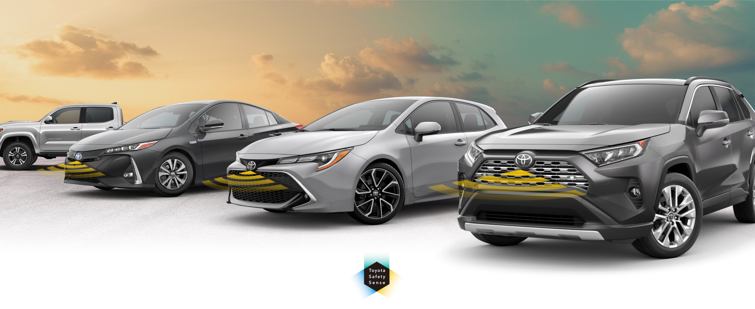 Toyota Safety Sense: Designed for Safety. Options shown on Toyota models including RAV4, Tacoma, and Camry, available now at Royal Moore Toyota in Hillsboro OR.